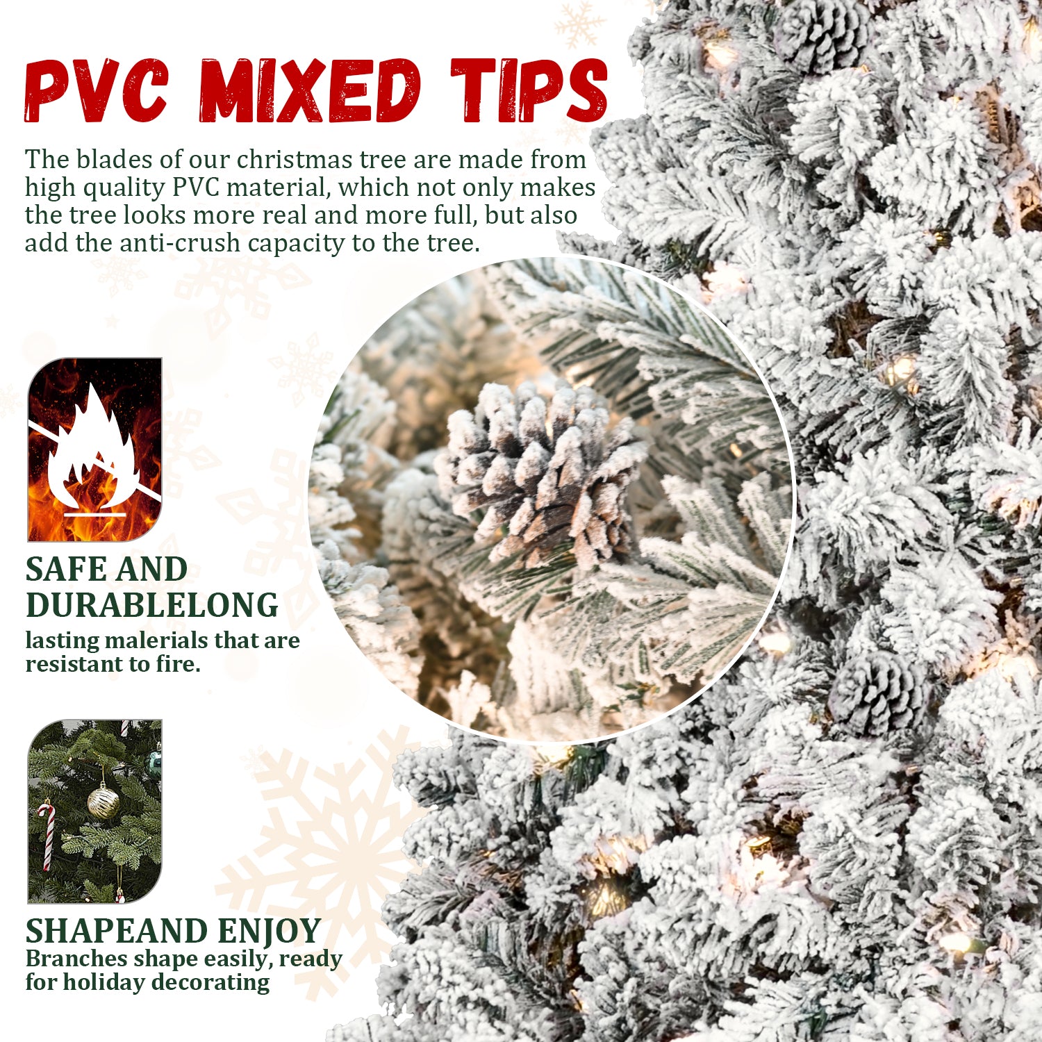 9FT Flocked Christmas Tree with 850 UL Lights and 63 Natural Pine Cones – Snowy PVC Tips, 2240 Tips, Hinged Structure, Stable Metal Stand, Easy Setup