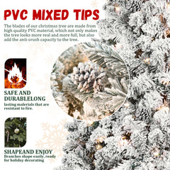 9FT Flocked Christmas Tree with 850 UL Lights and 63 Natural Pine Cones – Snowy PVC Tips, 2240 Tips, Hinged Structure, Stable Metal Stand, Easy Setup