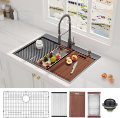 33 Inch Gunmetal Black Drop in Workstation kithchen Sink -33 "x 22" 16 Gauge Topmount Drop in Single Bowl Stainless Steel Kitchen Sink with Accessories