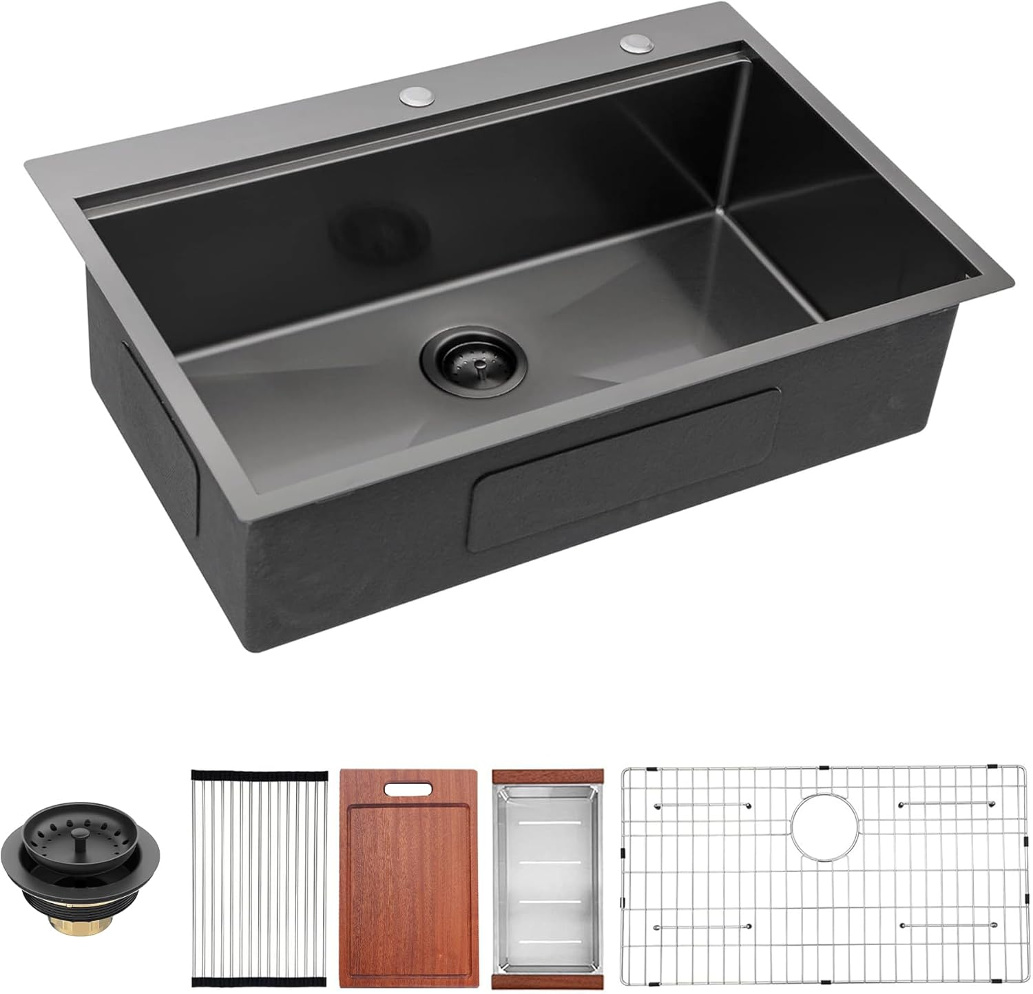 33 Inch Gunmetal Black Drop in Workstation kithchen Sink -33 "x 22" 16 Gauge Topmount Drop in Single Bowl Stainless Steel Kitchen Sink with Accessories