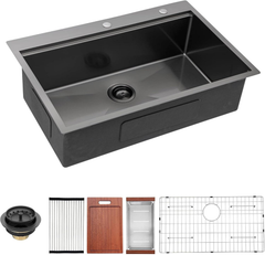33 Inch Gunmetal Black Drop in Workstation kithchen Sink -33 "x 22" 16 Gauge Topmount Drop in Single Bowl Stainless Steel Kitchen Sink with Accessories