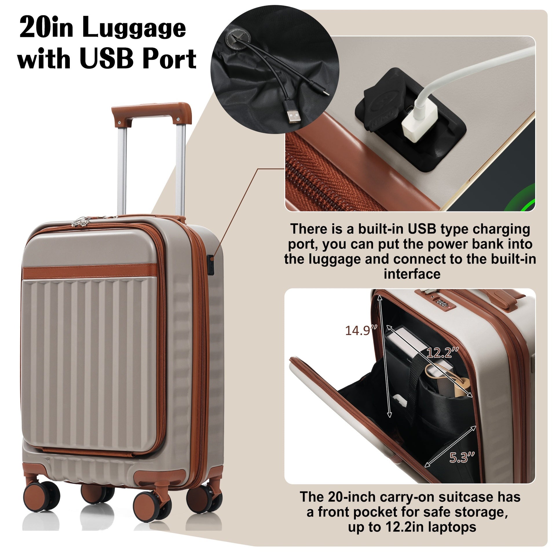 Luggage Set of 3, 20inch with USB Port, front opening design Airline Certified Carry on Luggage, ABS Hard Shell Luggage with Spinner Wheels,Khaki