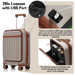 Luggage Set of 3, 20inch with USB Port, front opening design Airline Certified Carry on Luggage, ABS Hard Shell Luggage with Spinner Wheels,Khaki