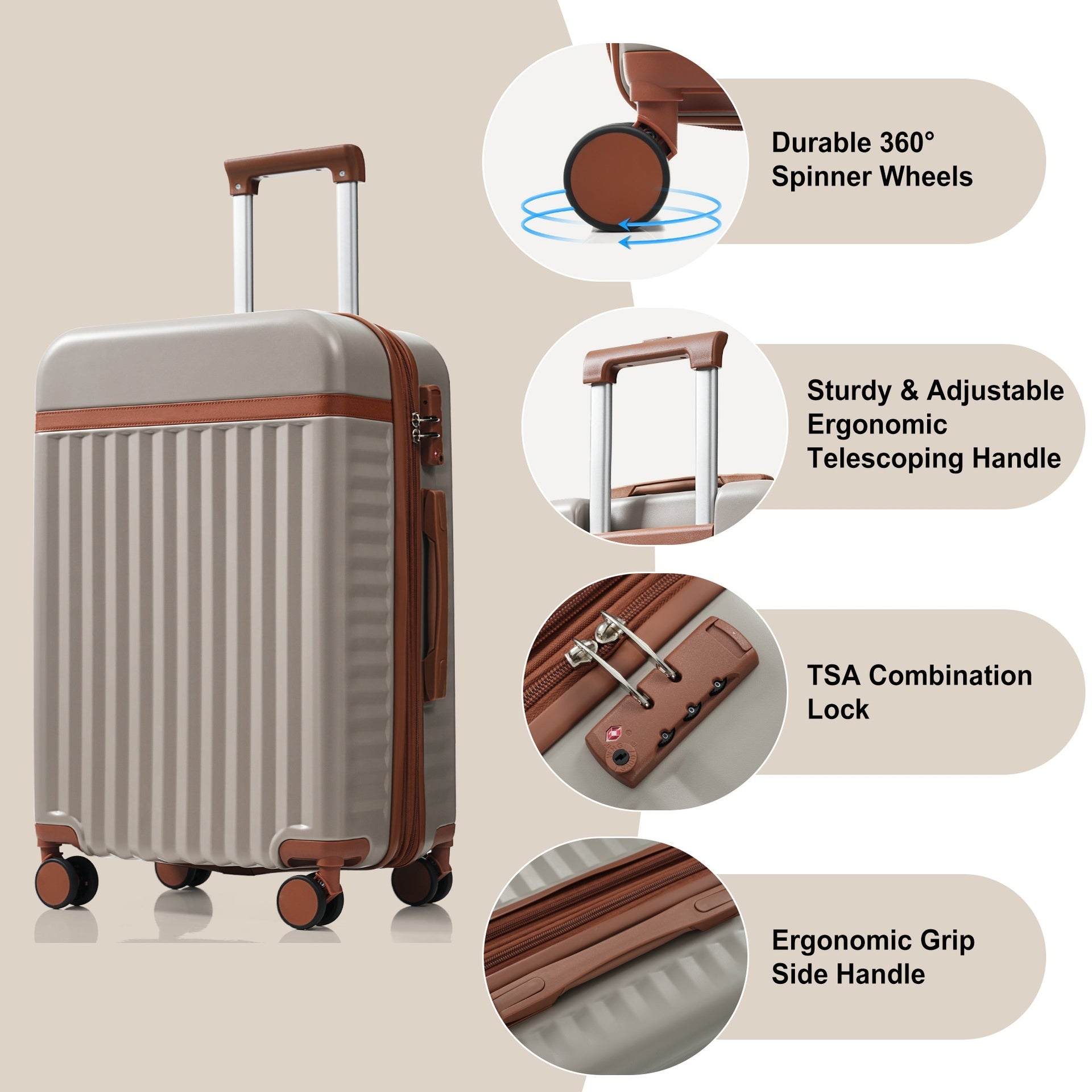 Luggage Set of 3, 20inch with USB Port, front opening design Airline Certified Carry on Luggage, ABS Hard Shell Luggage with Spinner Wheels,Khaki