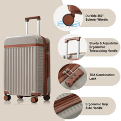 Luggage Set of 3, 20inch with USB Port, front opening design Airline Certified Carry on Luggage, ABS Hard Shell Luggage with Spinner Wheels,Khaki