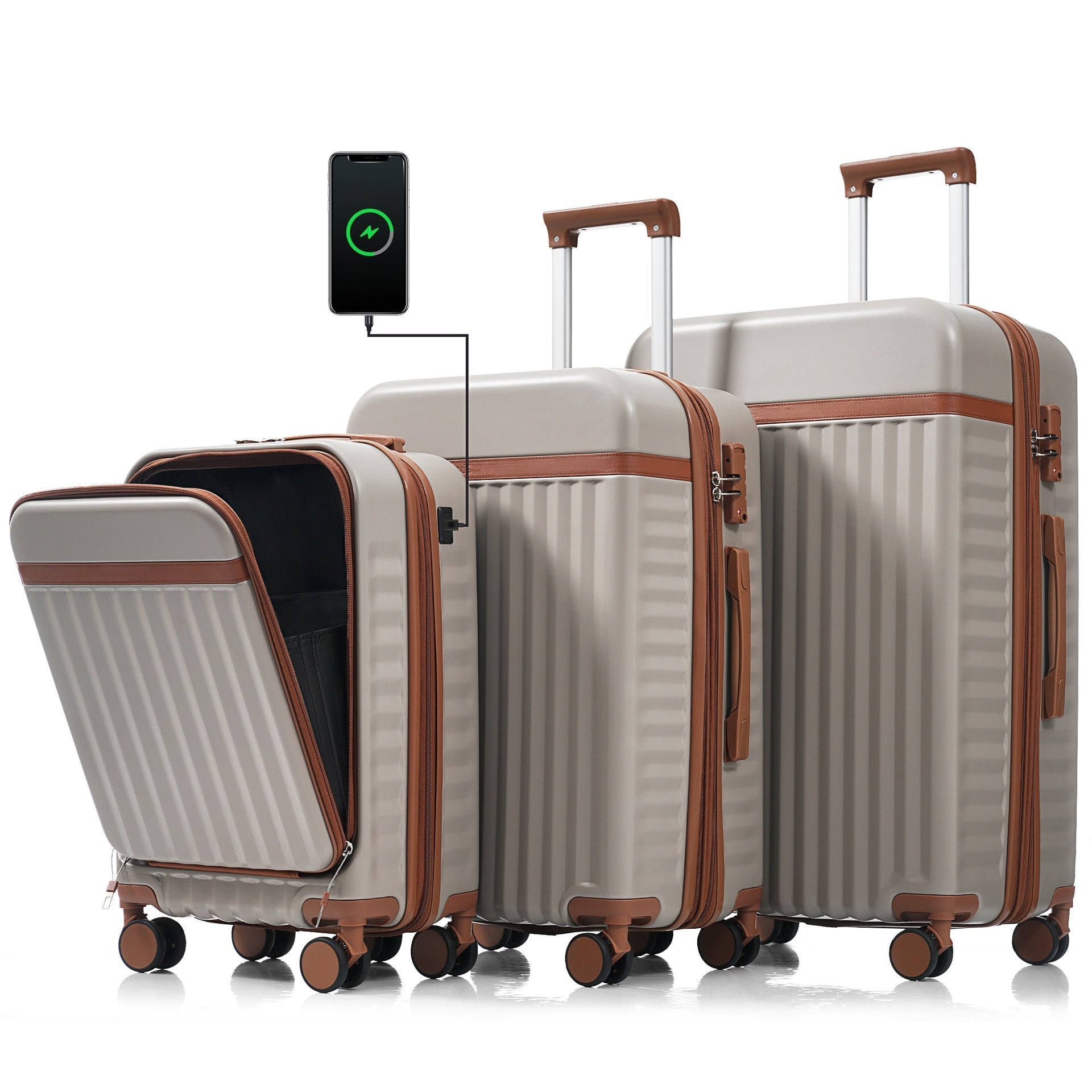 Luggage Set of 3, 20inch with USB Port, front opening design Airline Certified Carry on Luggage, ABS Hard Shell Luggage with Spinner Wheels,Khaki