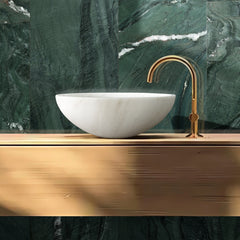 White natural marble bathroom vessel sink, semi-polished surface, natural stone, genuine marble, real marble,  ⌀15.7XH5.9 inches/ ⌀400XH150 mm