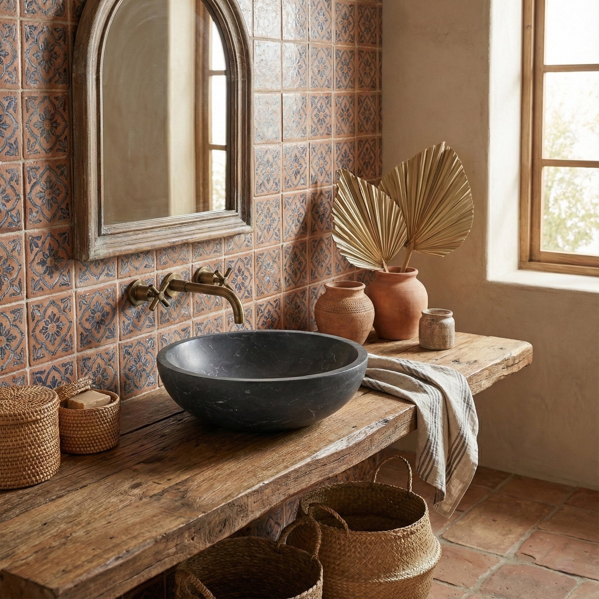 Luxury Dark Grey Natural Marble Vessel Sink , 15.8" Round Matte Finish Stone Basin, Solid One-Piece Carved, Above-Counter Vanity, Bowl for Bathroom & Spa (40cmx15cm)