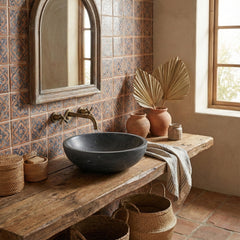 Luxury Dark Grey Natural Marble Vessel Sink , 15.8" Round Matte Finish Stone Basin, Solid One-Piece Carved, Above-Counter Vanity, Bowl for Bathroom & Spa (40cmx15cm)