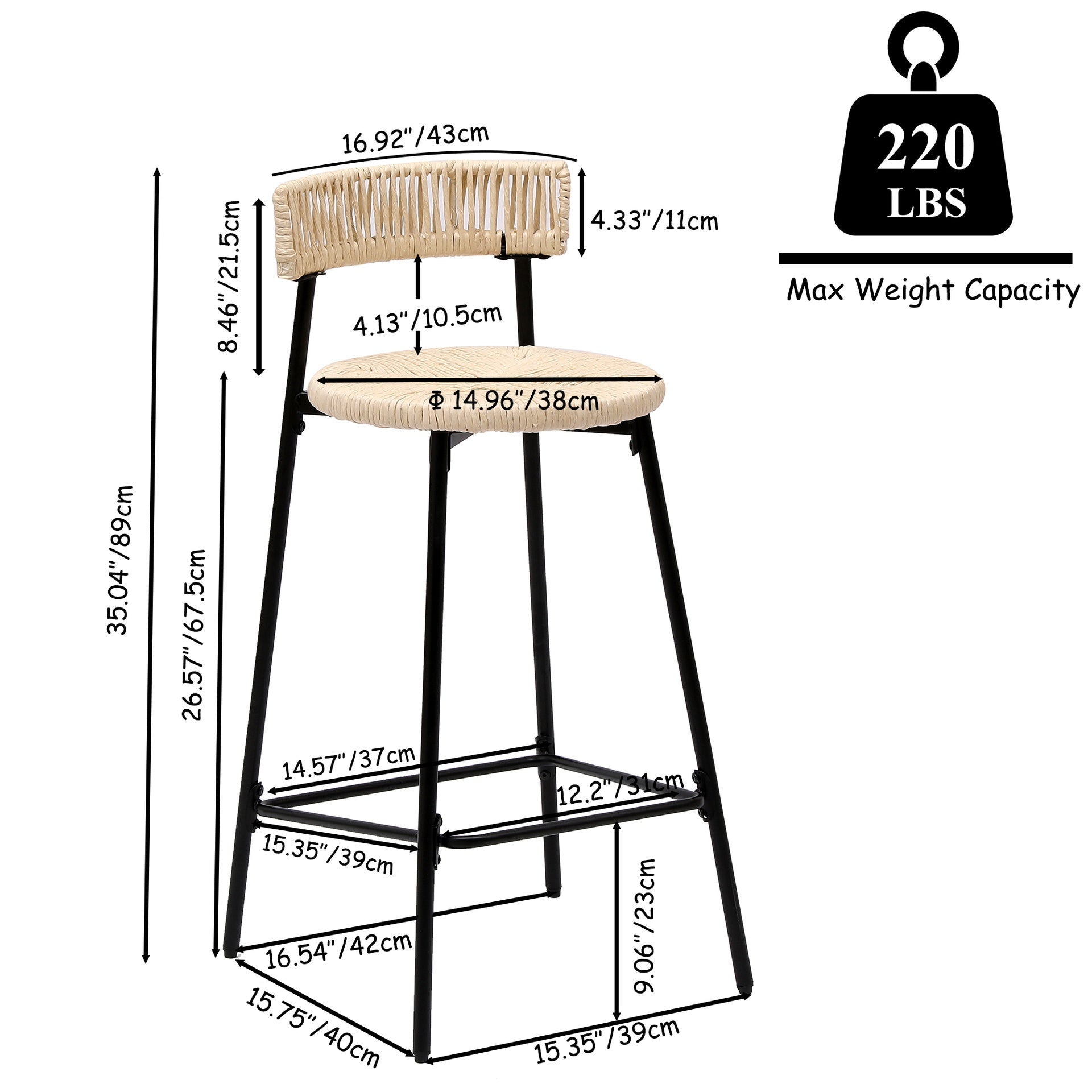 Counter Stools Set of 2 Handwoven Paper Rope Bar Stools Boho Round Dining Pub Chairs for Kitchen (Black & Creamy White)