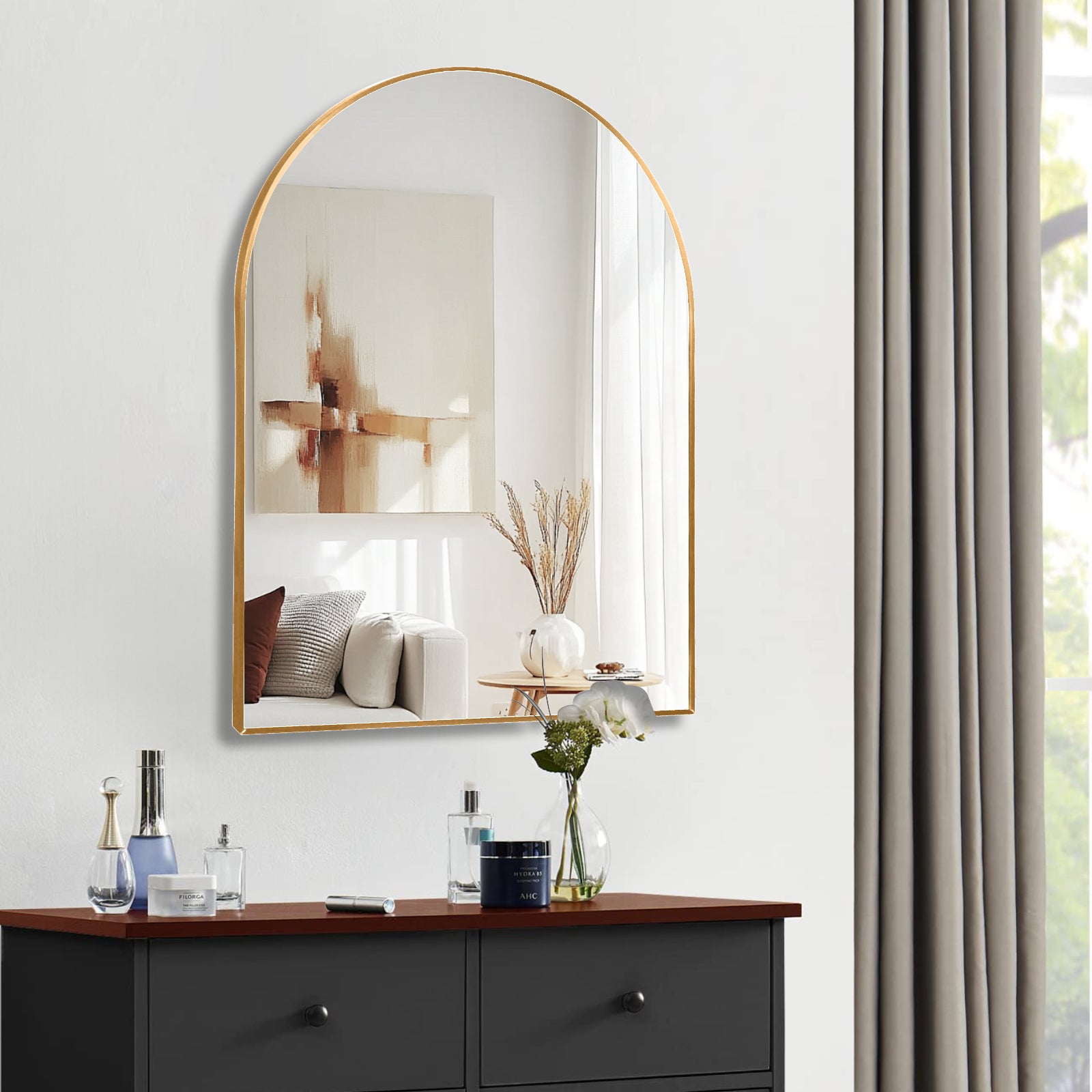 30x40 Inch Gold Metal Framed Arched Bathrrom Mirror for Wall.