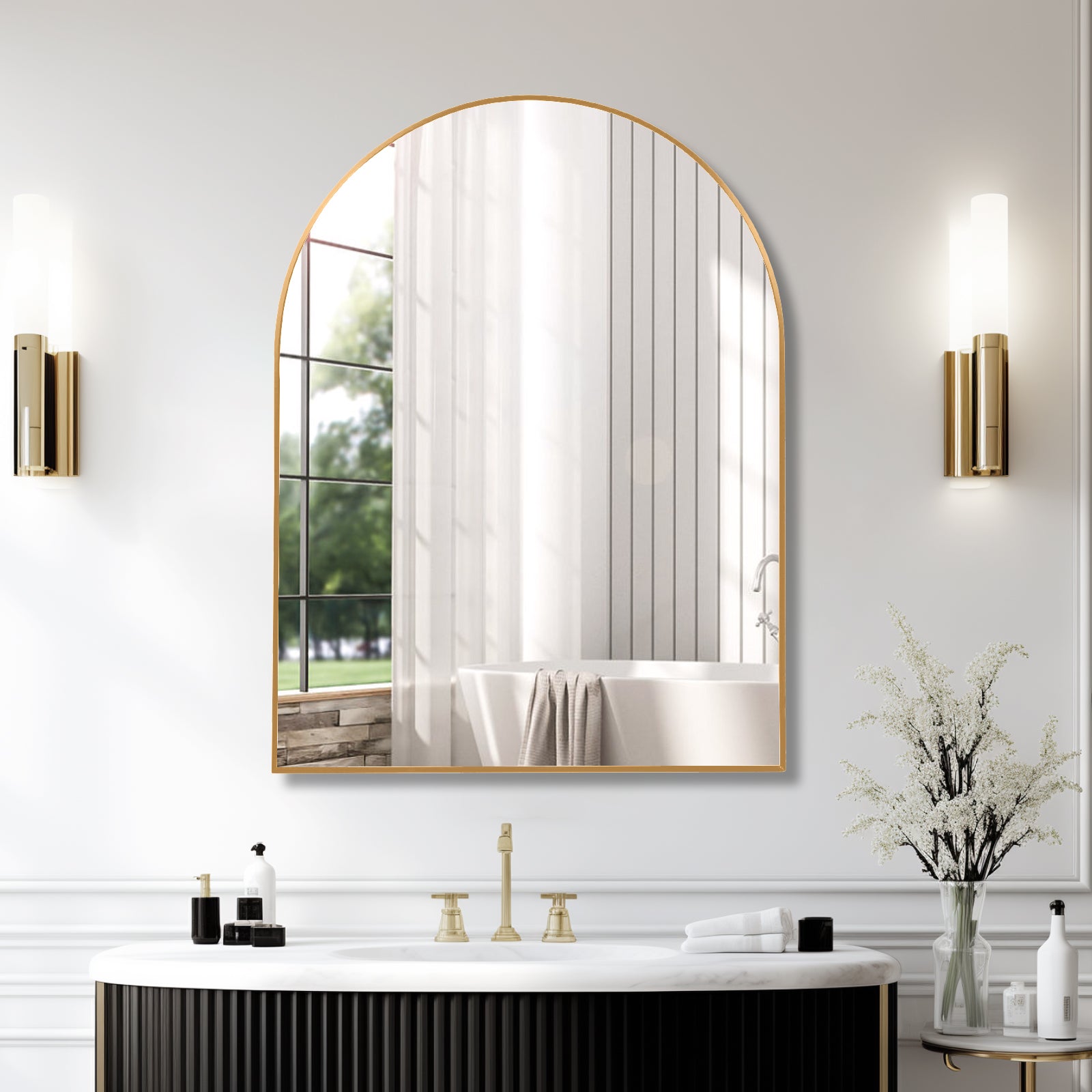 30x40 Inch Gold Metal Framed Arched Bathrrom Mirror for Wall.