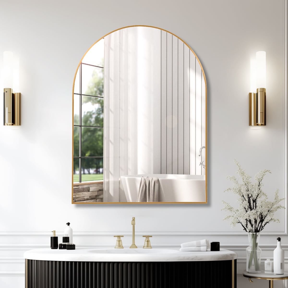 30x40 Inch Gold Metal Framed Arched Bathrrom Mirror for Wall.