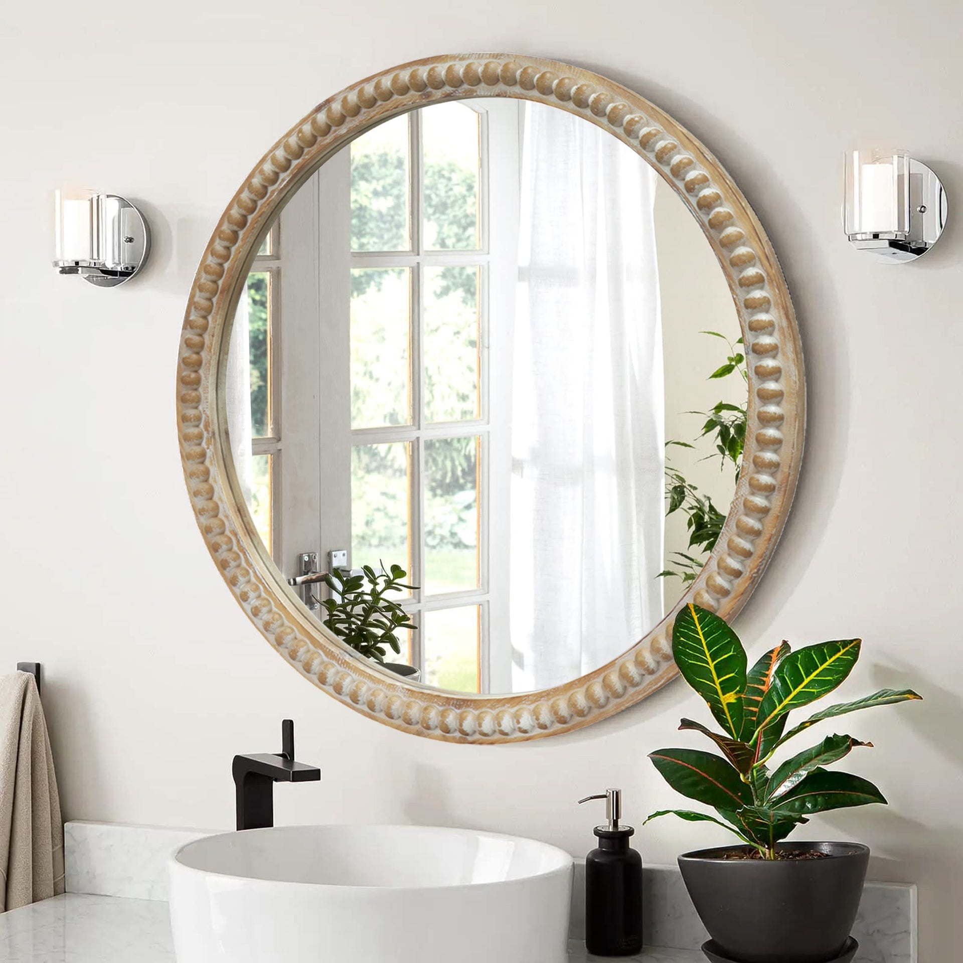 Round Decorative Wall Mirror, 31.50" Distressed Wood Beaded Frame Mirror for Entryway, Living Room, Bathroom, Farmhouse Style Accent Mirror