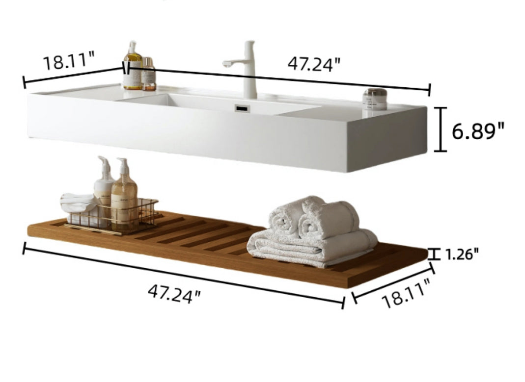LEDE 48" Bathroom Vanity with Vessel Sink, Wall-Mounted Floating White Rectangular Acrylic Integrated Basin without Faucet, Striped Shelves Layer, Dark Walnut Woodgrain Color