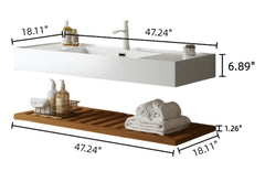LEDE 48" Bathroom Vanity with Vessel Sink, Wall-Mounted Floating White Rectangular Acrylic Integrated Basin without Faucet, Striped Shelves Layer, Dark Walnut Woodgrain Color