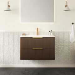 ZANE 30 Bathroom Vanity with Sink, Floating Ultra-Pinstriped Plywood Storage Cabinet with Drawers, Carrara White Sintered Stone Hot-bent Integrated Basin, Pre-assembled, Italy Walnut Woodgrain Color