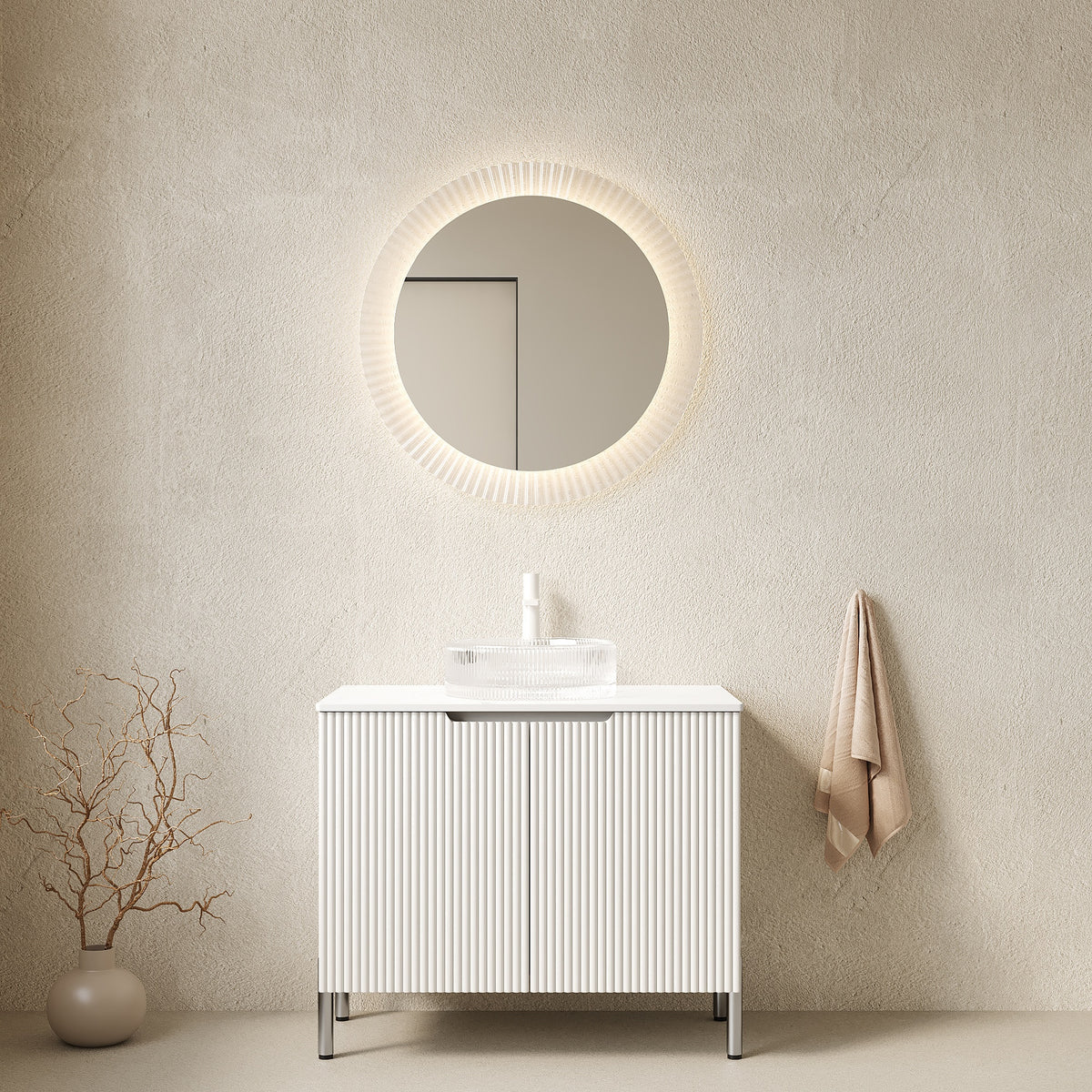TURIO 30" Bathroom Vanity with Sink, Freestanding Bathroom Storage Cabinet with 2 Doors, Transparent Round Glass Basin and Carrara White Artificial Countertop, No Faucet, White Color
