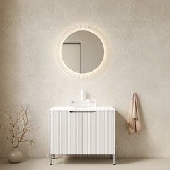 TURIO 30" Bathroom Vanity with Sink, Freestanding Bathroom Storage Cabinet with 2 Doors, Transparent Round Glass Basin and Carrara White Artificial Countertop, No Faucet, White Color