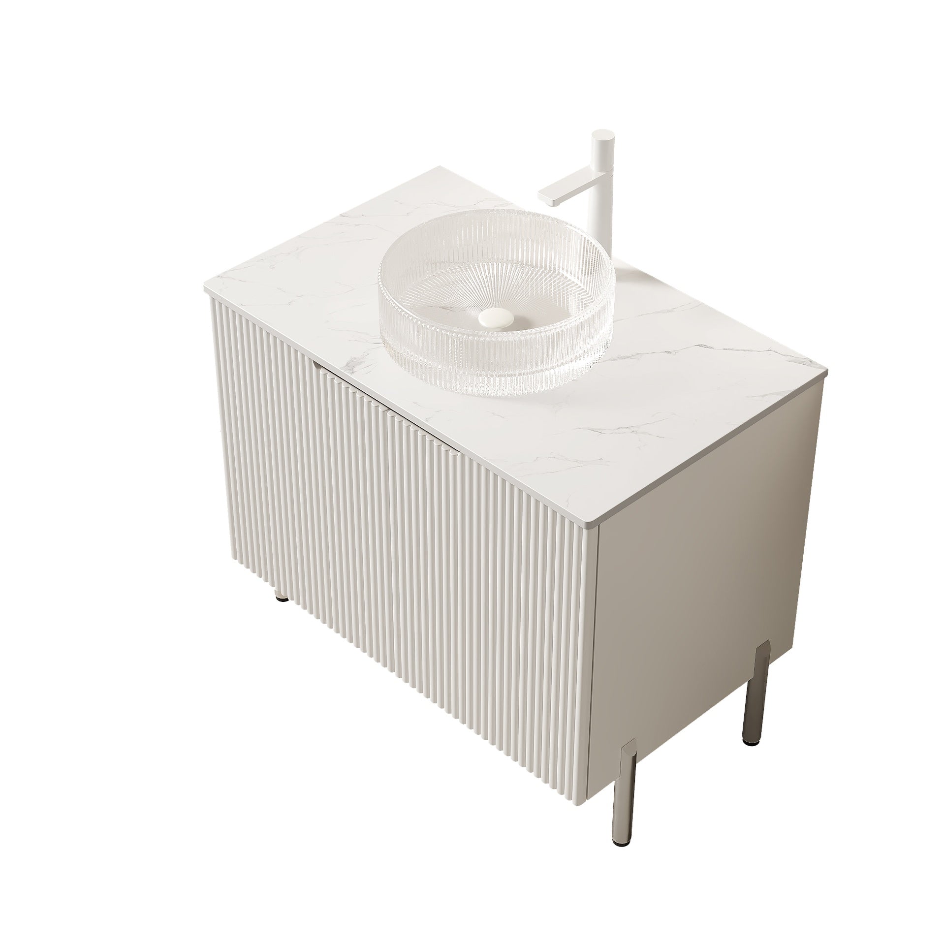 TURIO 30" Bathroom Vanity with Sink, Freestanding Bathroom Storage Cabinet with 2 Doors, Transparent Round Glass Basin and Carrara White Artificial Countertop, No Faucet, White Color