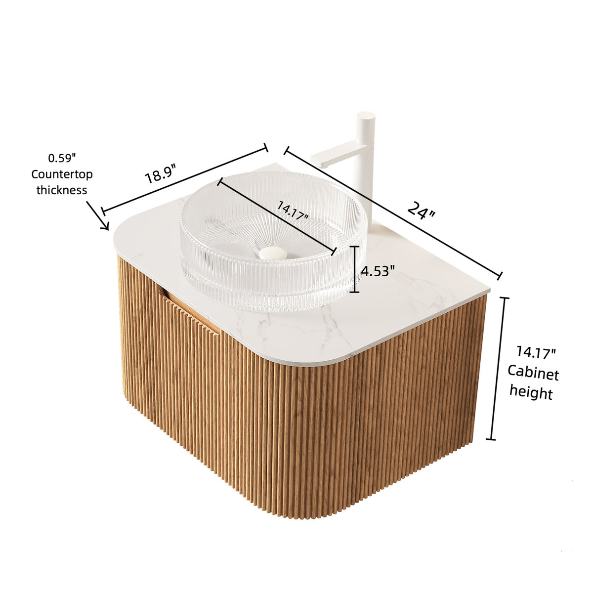 DINA 24" Bathroom Vanity with Sink, Wall-Mounted Floating Curved Edges Striped Storage Cabinet with Drawer, Transparent Round Glass Basin and Countertop, Pre-assembled, Natural Woodgrain Color