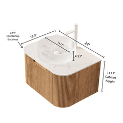 DINA 24" Bathroom Vanity with Sink, Wall-Mounted Floating Curved Edges Striped Storage Cabinet with Drawer, Transparent Round Glass Basin and Countertop, Pre-assembled, Natural Woodgrain Color