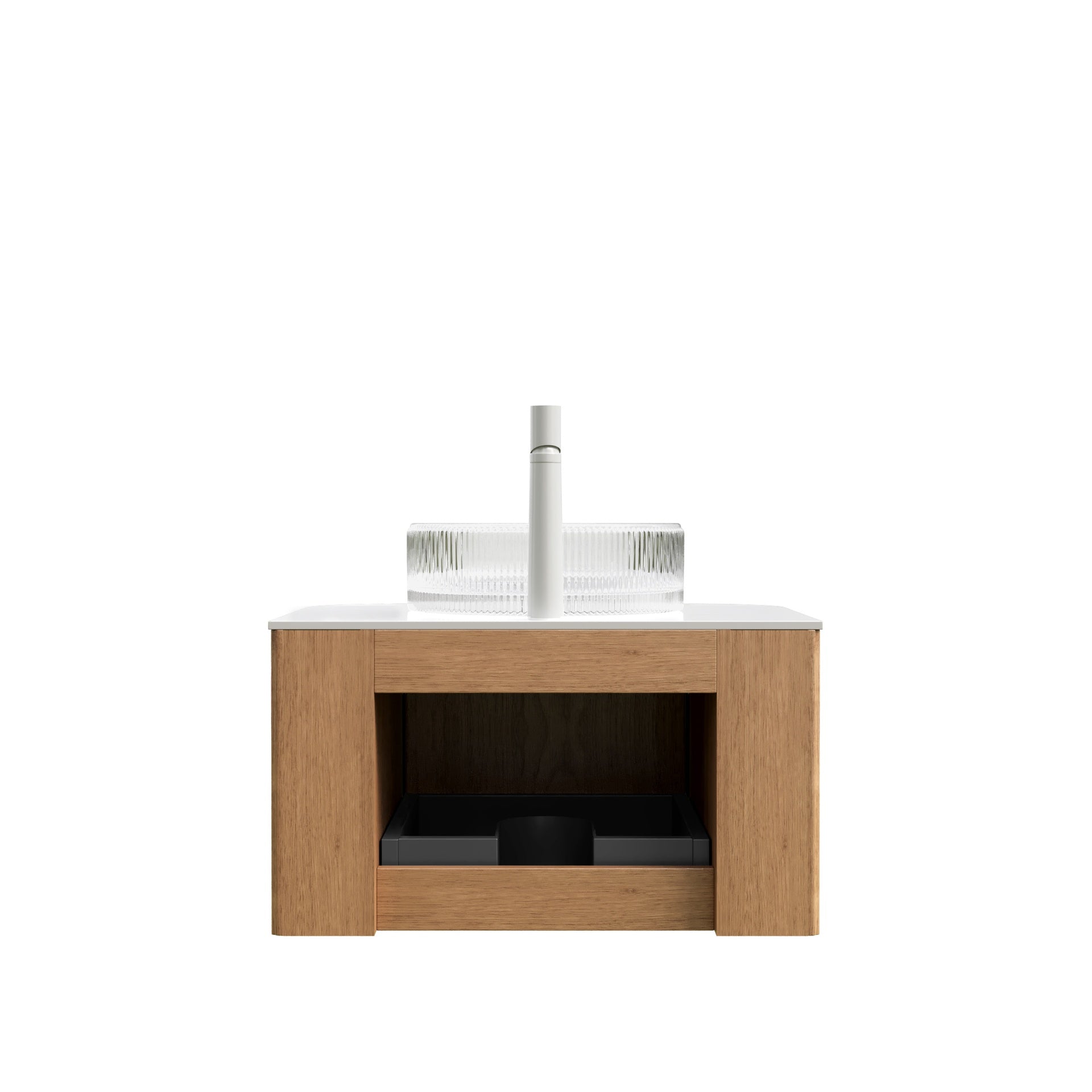 DINA 24" Bathroom Vanity with Sink, Wall-Mounted Floating Curved Edges Striped Storage Cabinet with Drawer, Transparent Round Glass Basin and Countertop, Pre-assembled, Natural Woodgrain Color