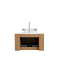 DINA 24" Bathroom Vanity with Sink, Wall-Mounted Floating Curved Edges Striped Storage Cabinet with Drawer, Transparent Round Glass Basin and Countertop, Pre-assembled, Natural Woodgrain Color