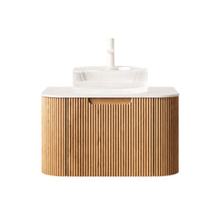 DINA 24" Bathroom Vanity with Sink, Wall-Mounted Floating Curved Edges Striped Storage Cabinet with Drawer, Transparent Round Glass Basin and Countertop, Pre-assembled, Natural Woodgrain Color