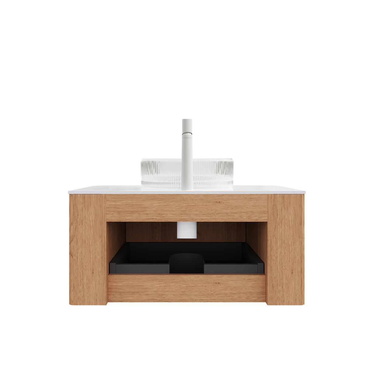 DINA 30" Bathroom Vanity with Sink, Wall-Mounted Floating Curved Edges Striped Storage Cabinet with Drawer, Transparent Round Glass Basin and Countertop, Pre-assembled, Natural Woodgrain Color