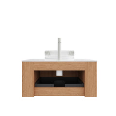 DINA 30" Bathroom Vanity with Sink, Wall-Mounted Floating Curved Edges Striped Storage Cabinet with Drawer, Transparent Round Glass Basin and Countertop, Pre-assembled, Natural Woodgrain Color