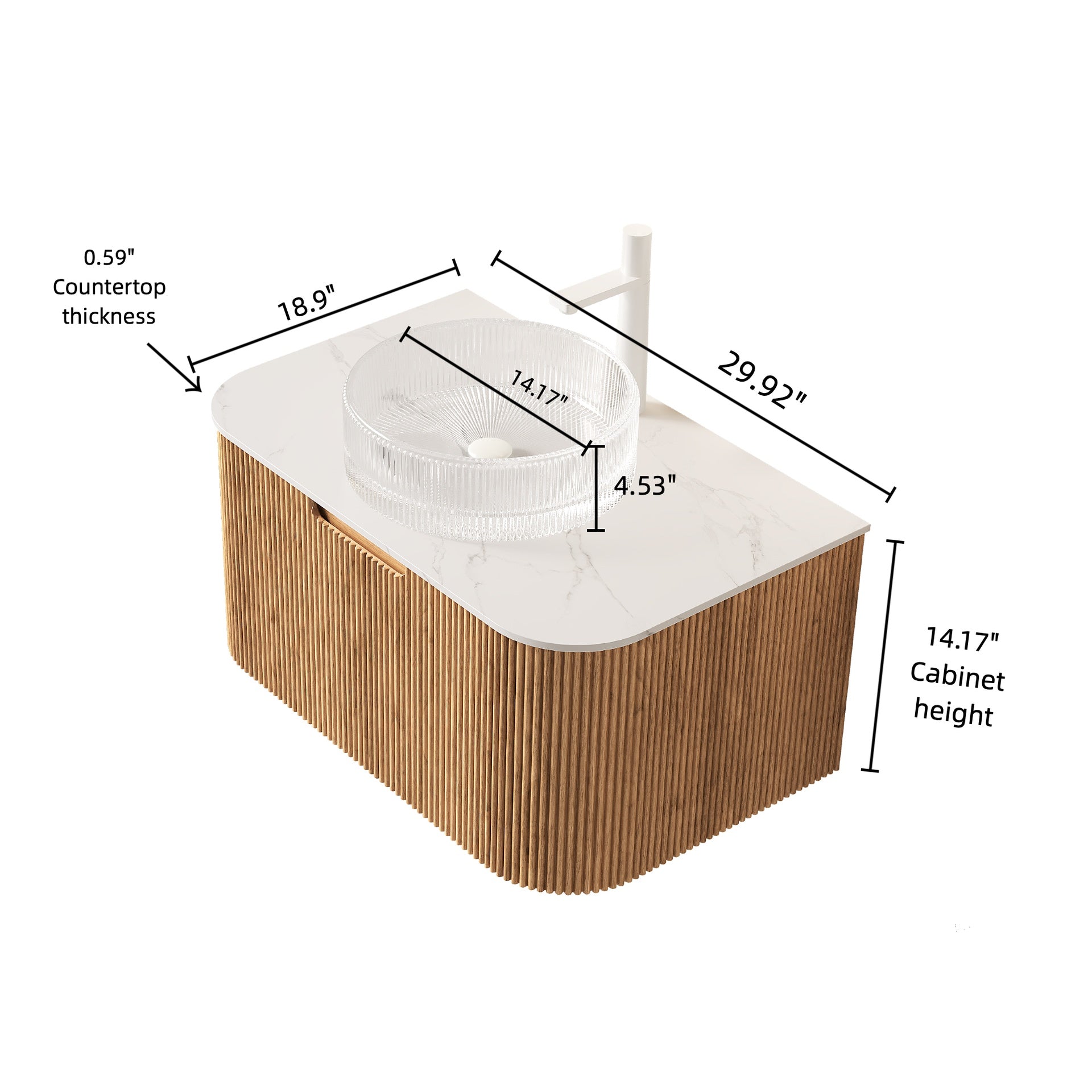 DINA 30" Bathroom Vanity with Sink, Wall-Mounted Floating Curved Edges Striped Storage Cabinet with Drawer, Transparent Round Glass Basin and Countertop, Pre-assembled, Natural Woodgrain Color