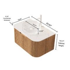 DINA 30" Bathroom Vanity with Sink, Wall-Mounted Floating Curved Edges Striped Storage Cabinet with Drawer, Transparent Round Glass Basin and Countertop, Pre-assembled, Natural Woodgrain Color