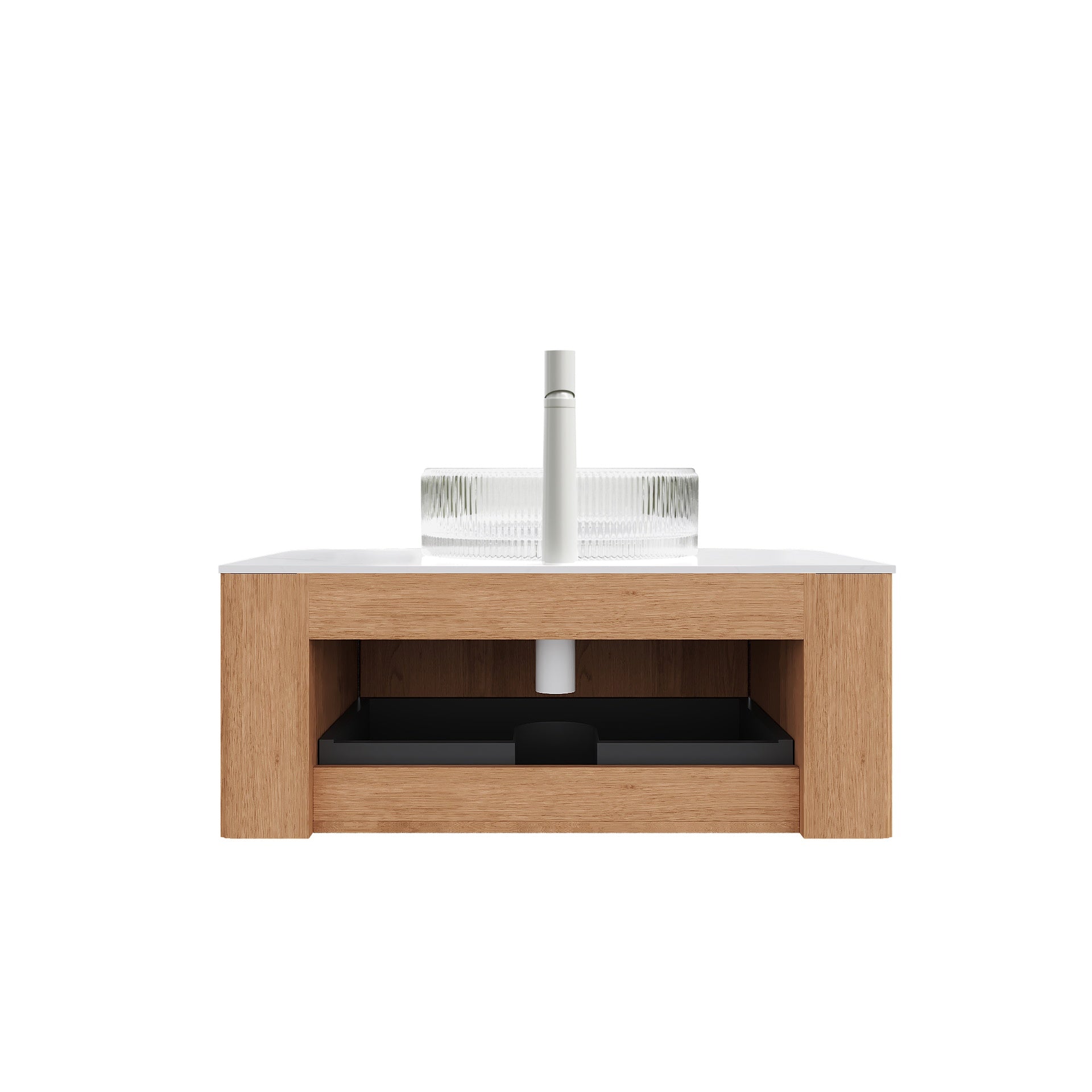 DINA 36" Bathroom Vanity with Sink, Wall-Mounted Floating Curved Edges Striped Storage Cabinet with Drawer, Transparent Round Glass Basin and Countertop, Pre-assembled, Natural Woodgrain Color