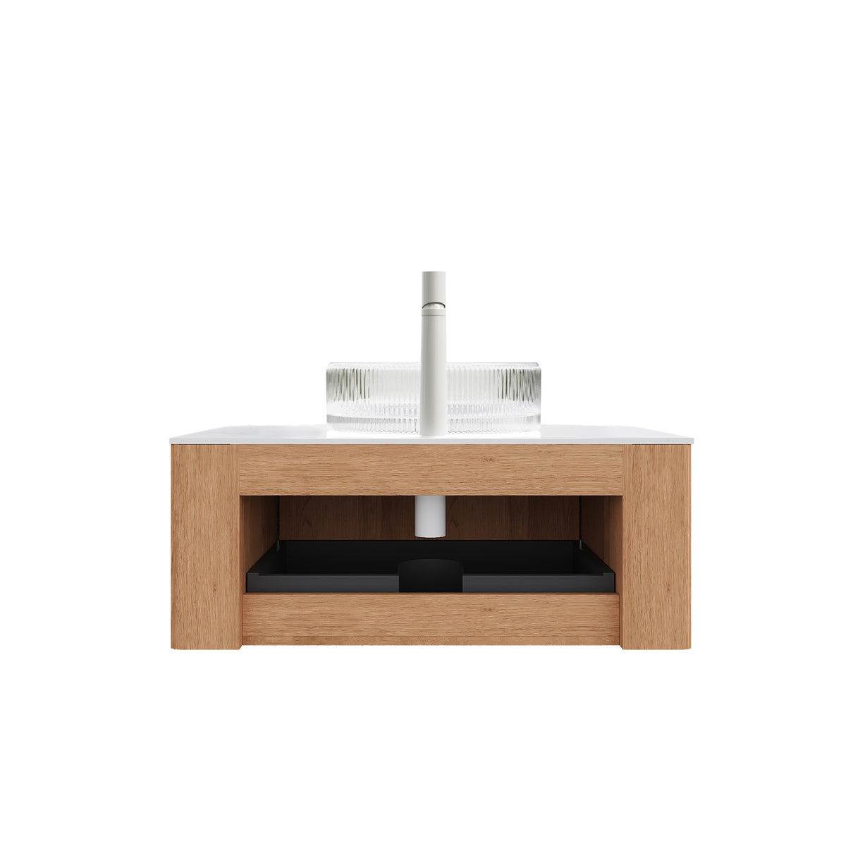 DINA 36" Bathroom Vanity with Sink, Wall-Mounted Floating Curved Edges Striped Storage Cabinet with Drawer, Transparent Round Glass Basin and Countertop, Pre-assembled, Natural Woodgrain Color