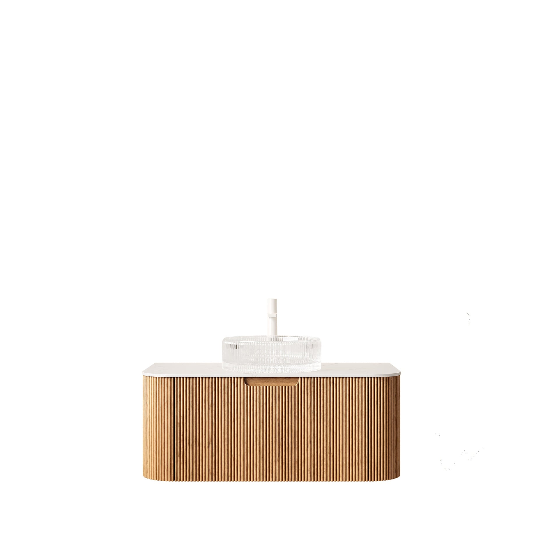 DINA 36" Bathroom Vanity with Sink, Wall-Mounted Floating Curved Edges Striped Storage Cabinet with Drawer, Transparent Round Glass Basin and Countertop, Pre-assembled, Natural Woodgrain Color