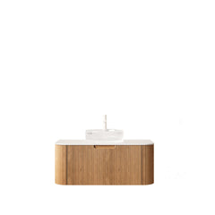 DINA 36" Bathroom Vanity with Sink, Wall-Mounted Floating Curved Edges Striped Storage Cabinet with Drawer, Transparent Round Glass Basin and Countertop, Pre-assembled, Natural Woodgrain Color