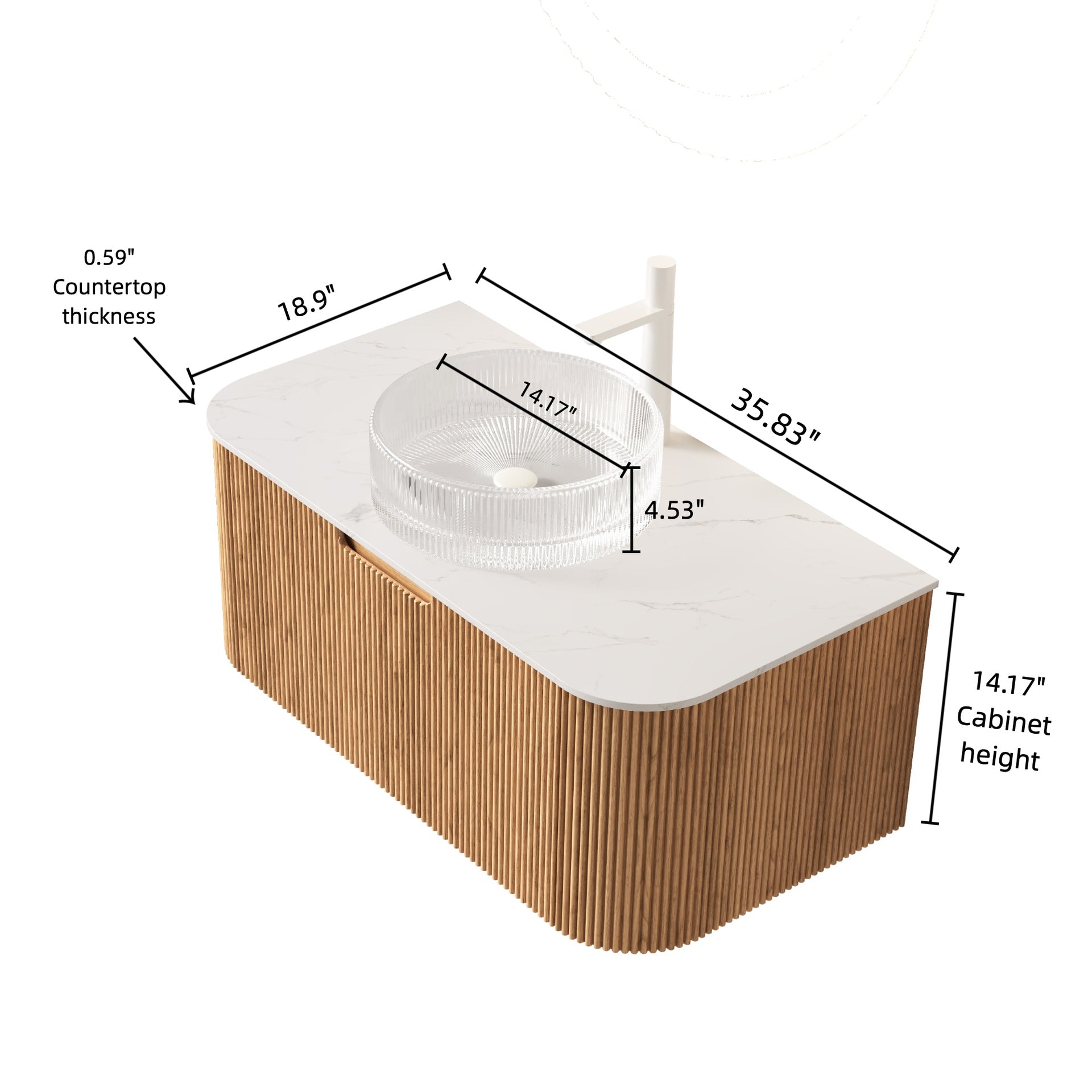 DINA 36" Bathroom Vanity with Sink, Wall-Mounted Floating Curved Edges Striped Storage Cabinet with Drawer, Transparent Round Glass Basin and Countertop, Pre-assembled, Natural Woodgrain Color