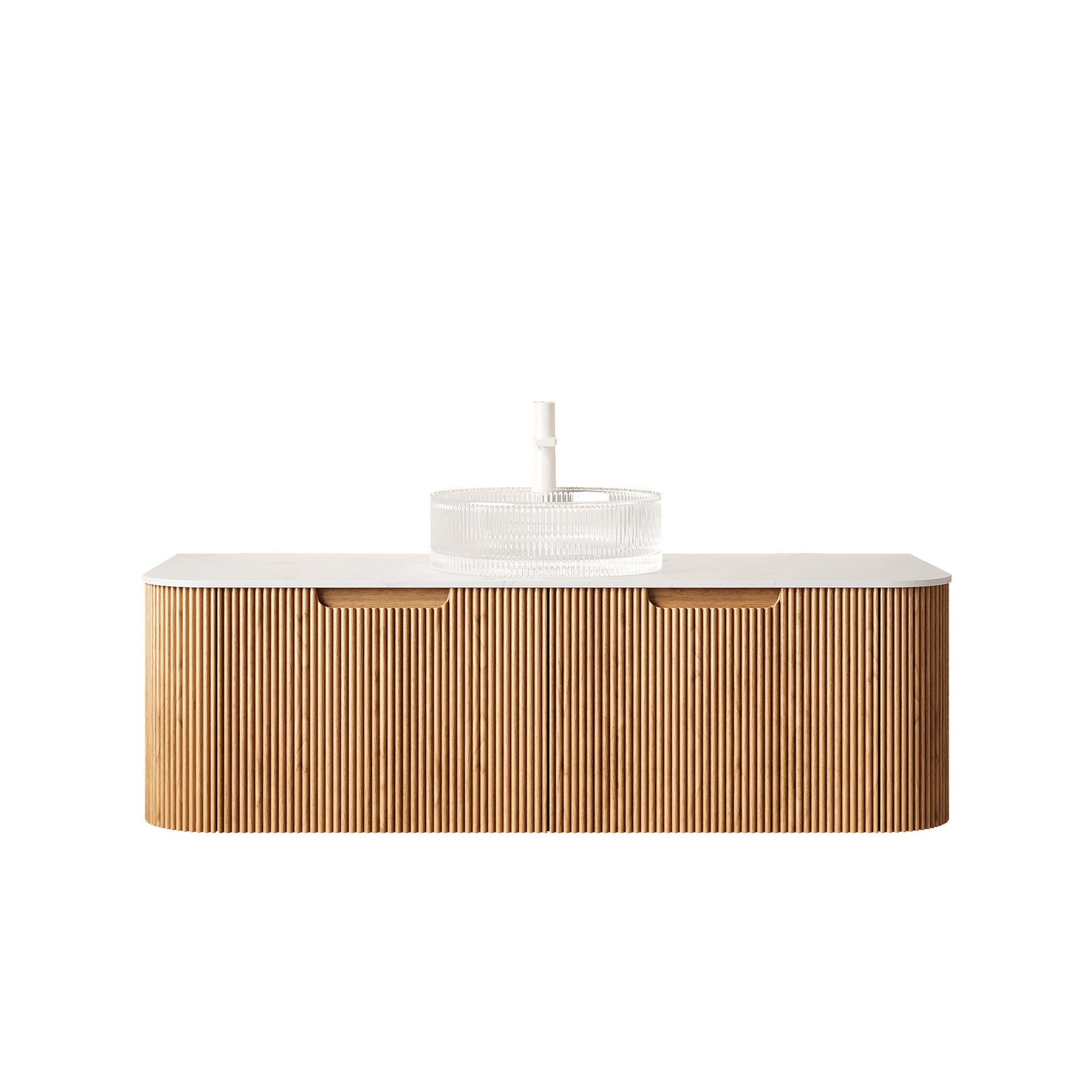 DINA 48" Bathroom Vanity with Sink, Wall-Mounted Floating Curved Edges Striped Storage Cabinet with 2 Drawers, Transparent Round Glass Basin and Countertop, Pre-assembled, Natural Woodgrain Color