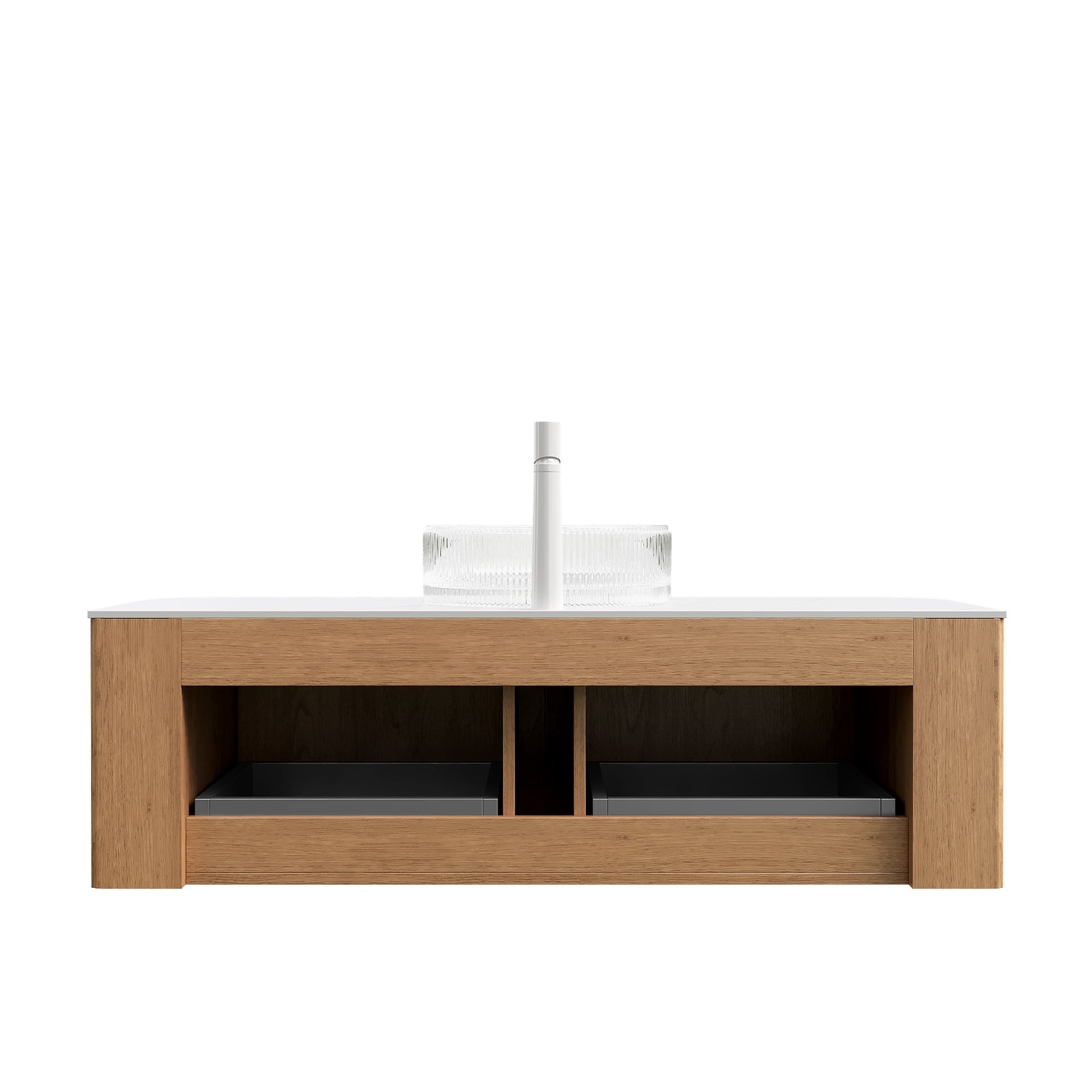 DINA 48" Bathroom Vanity with Sink, Wall-Mounted Floating Curved Edges Striped Storage Cabinet with 2 Drawers, Transparent Round Glass Basin and Countertop, Pre-assembled, Natural Woodgrain Color