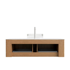 DINA 48" Bathroom Vanity with Sink, Wall-Mounted Floating Curved Edges Striped Storage Cabinet with 2 Drawers, Transparent Round Glass Basin and Countertop, Pre-assembled, Natural Woodgrain Color