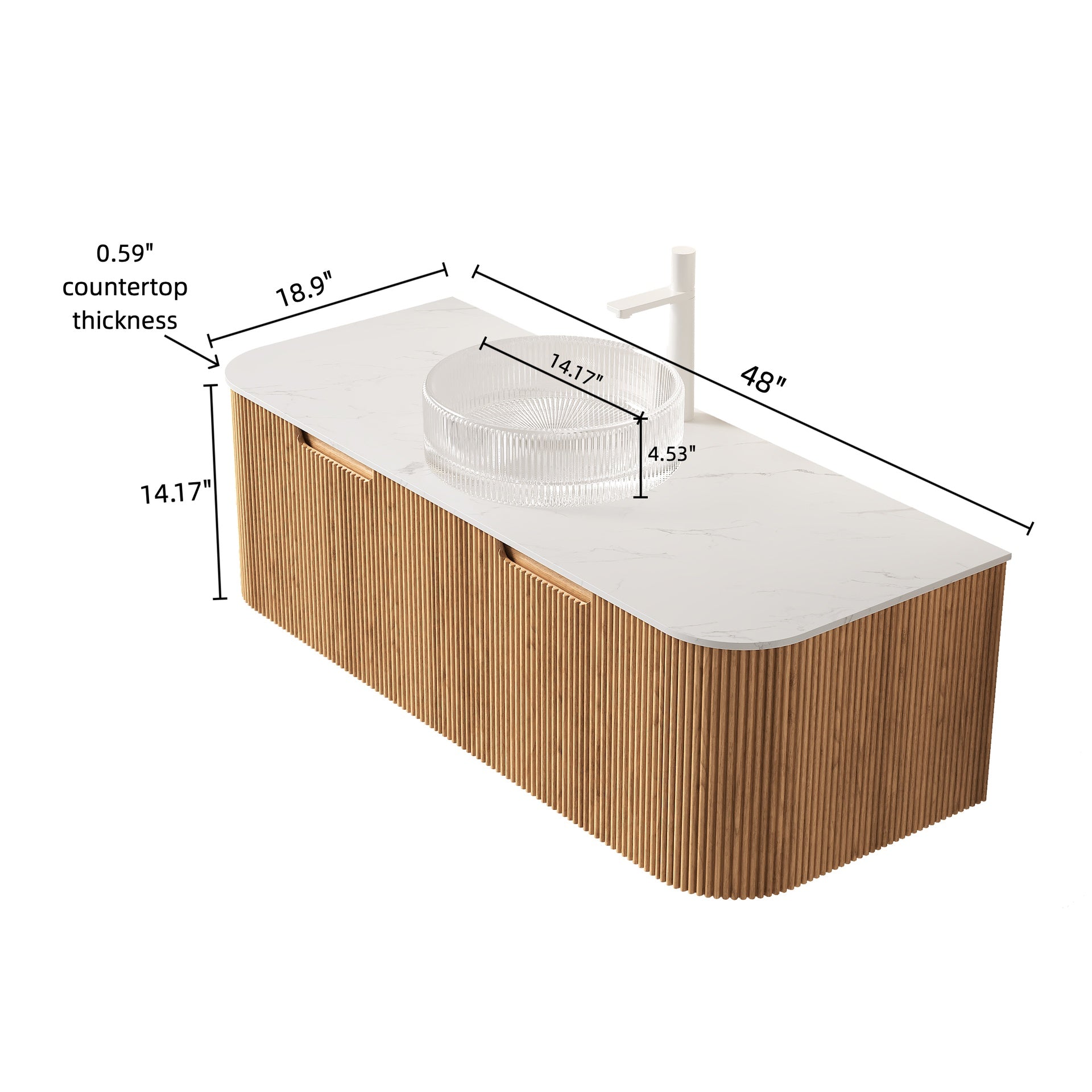 DINA 48" Bathroom Vanity with Sink, Wall-Mounted Floating Curved Edges Striped Storage Cabinet with 2 Drawers, Transparent Round Glass Basin and Countertop, Pre-assembled, Natural Woodgrain Color