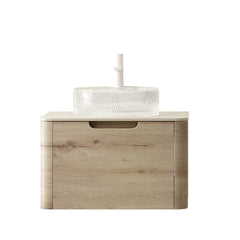 XAI 24" Bathroom Vanity with Sink, Floating Plywood Storage Cabinet with Drawer, Transparent Round Glass Basin and Roma Travertine-Pattern Sintered Stone Top, Pre-assembled, White Oak Woodgrain Color
