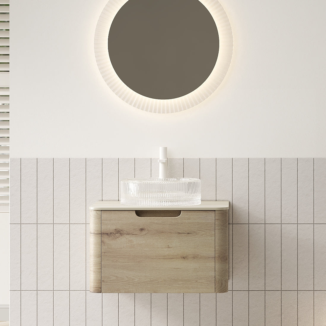 XAI 24" Bathroom Vanity with Sink, Floating Plywood Storage Cabinet with Drawer, Transparent Round Glass Basin and Roma Travertine-Pattern Sintered Stone Top, Pre-assembled, White Oak Woodgrain Color