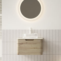 XAI 24" Bathroom Vanity with Sink, Floating Plywood Storage Cabinet with Drawer, Transparent Round Glass Basin and Roma Travertine-Pattern Sintered Stone Top, Pre-assembled, White Oak Woodgrain Color