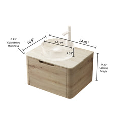 XAI 24" Bathroom Vanity with Sink, Floating Plywood Storage Cabinet with Drawer, Transparent Round Glass Basin and Roma Travertine-Pattern Sintered Stone Top, Pre-assembled, White Oak Woodgrain Color