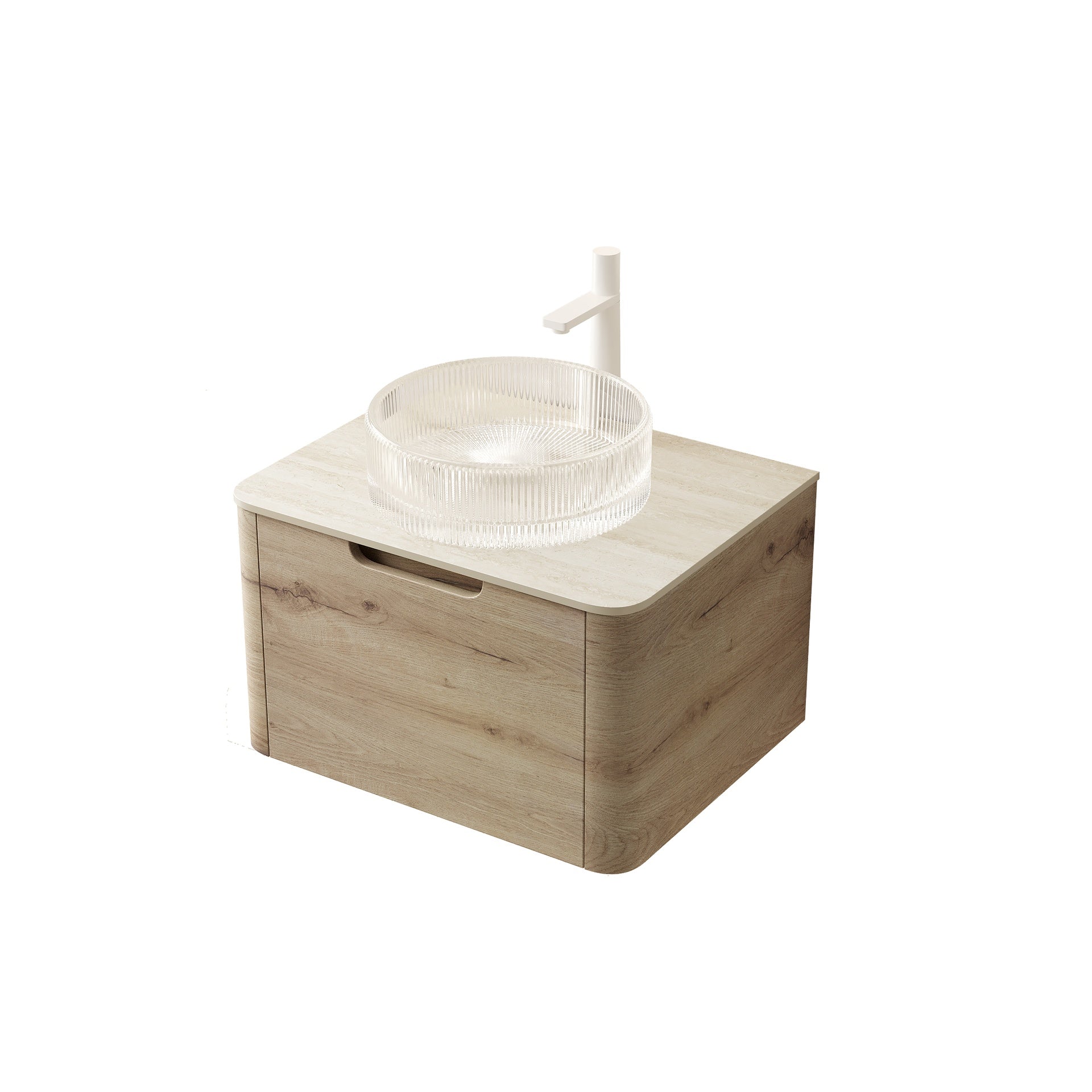 XAI 24" Bathroom Vanity with Sink, Floating Plywood Storage Cabinet with Drawer, Transparent Round Glass Basin and Roma Travertine-Pattern Sintered Stone Top, Pre-assembled, White Oak Woodgrain Color