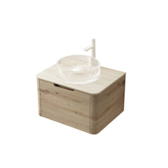 XAI 24" Bathroom Vanity with Sink, Floating Plywood Storage Cabinet with Drawer, Transparent Round Glass Basin and Roma Travertine-Pattern Sintered Stone Top, Pre-assembled, White Oak Woodgrain Color