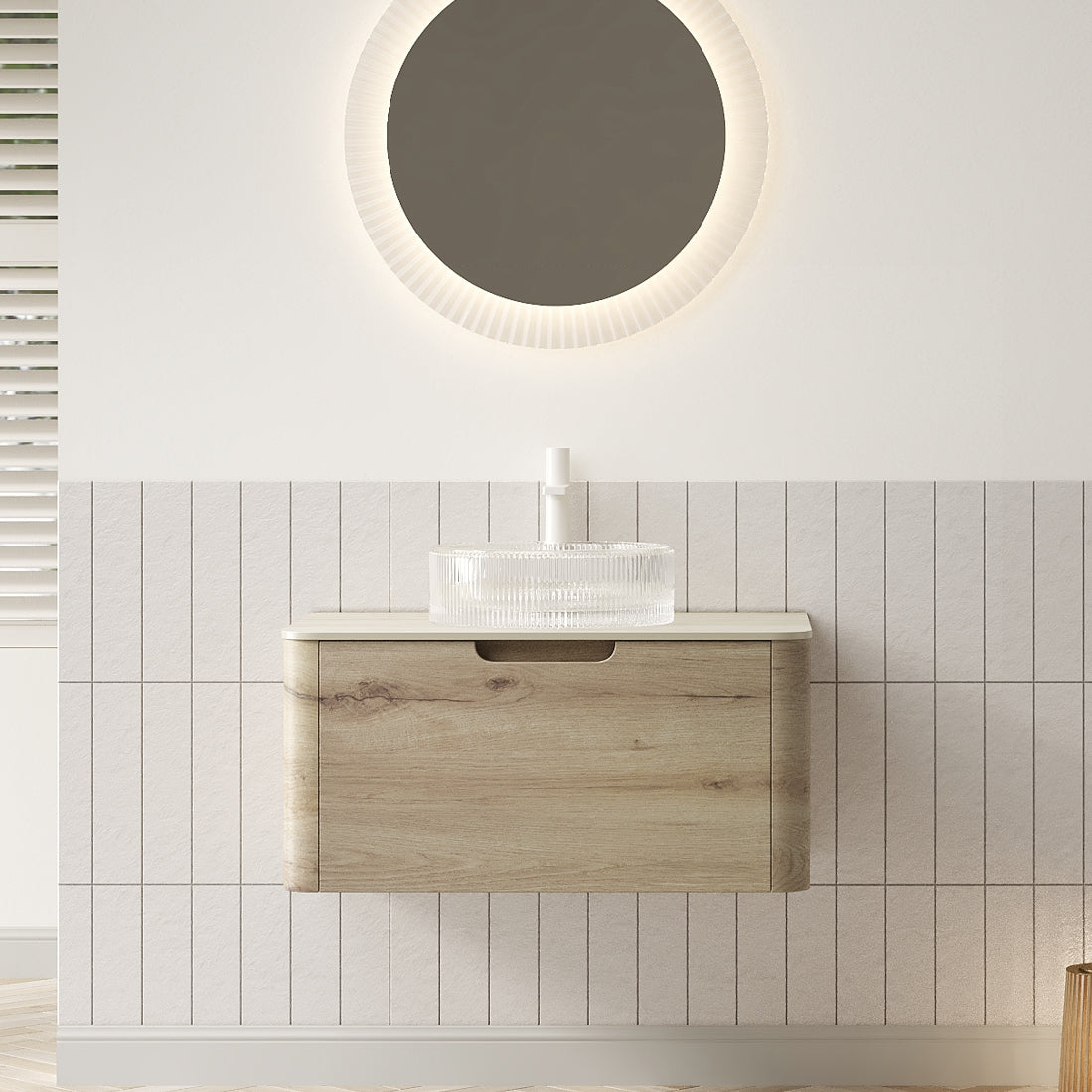 XAI 30" Bathroom Vanity with Sink, Floating Plywood Storage Cabinet with Drawer, Transparent Round Glass Basin and Roma Travertine-Pattern Sintered Stone Top, Pre-assembled, White Oak Woodgrain Color