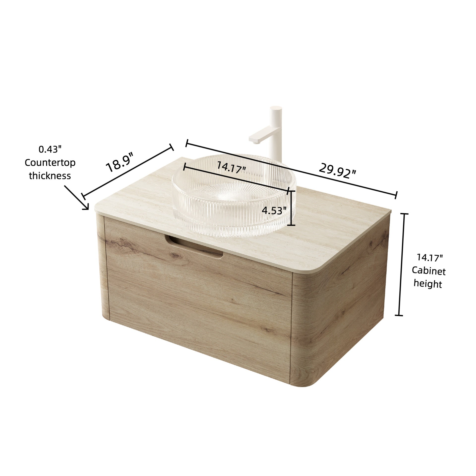 XAI 30" Bathroom Vanity with Sink, Floating Plywood Storage Cabinet with Drawer, Transparent Round Glass Basin and Roma Travertine-Pattern Sintered Stone Top, Pre-assembled, White Oak Woodgrain Color